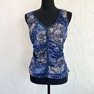 Vintage Y2K Blue Floral Mixed Print V-neck Ruched Tank Top Whimsigoth
